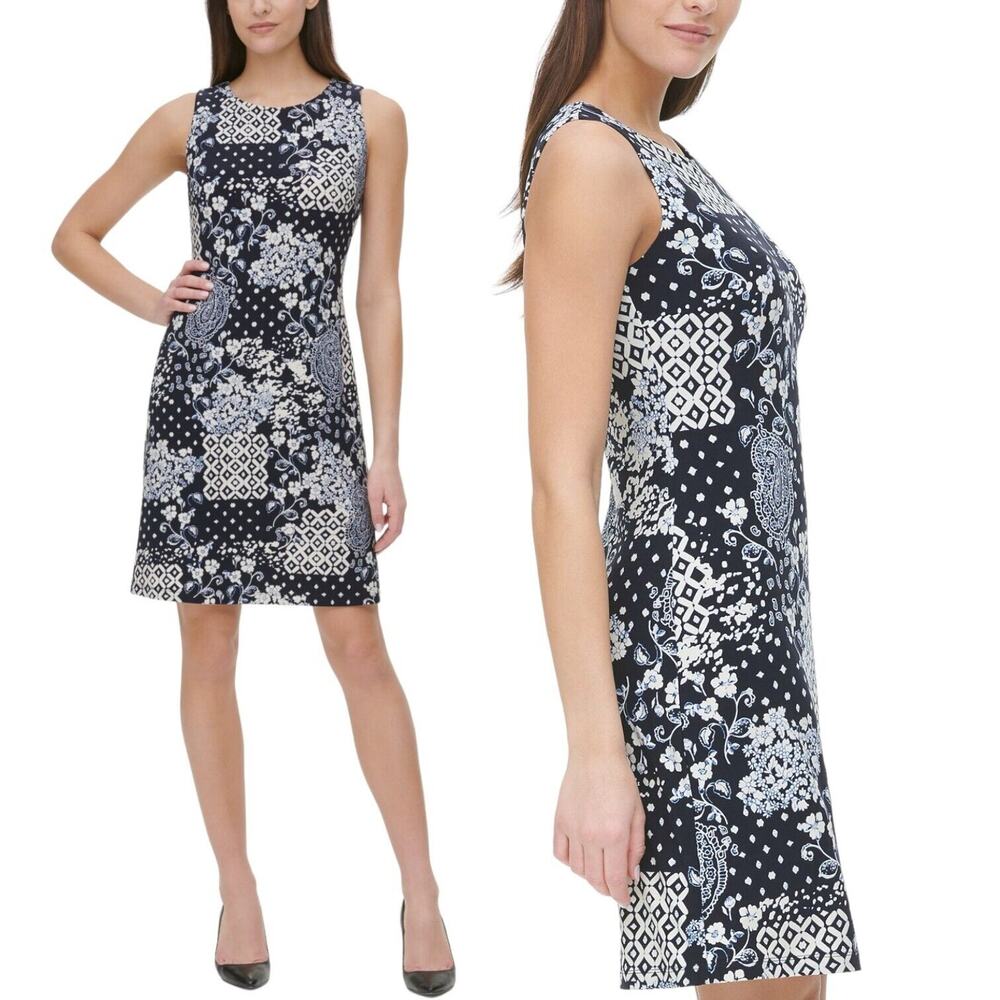 TOMMY HILFIGER Bali Patchwork Sheath Jersey Dress Sleeveless Blue Cocktail 12